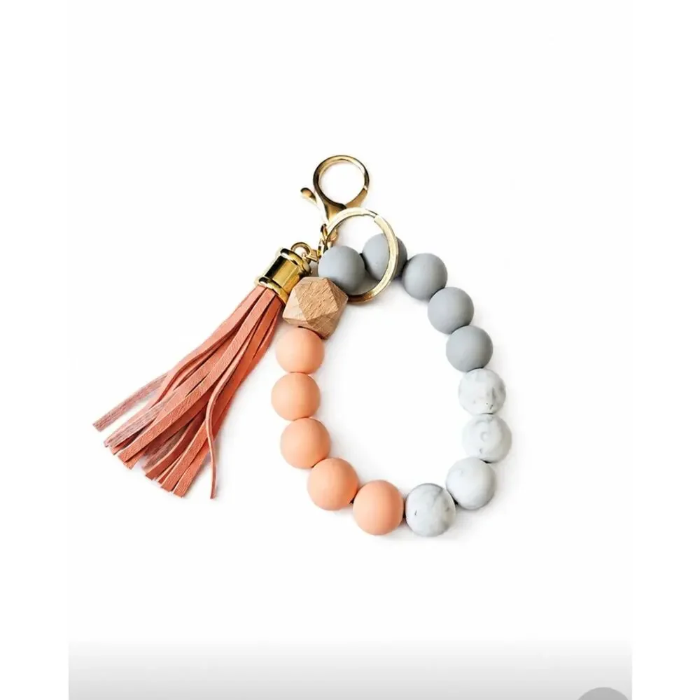 Silicone Gray Peach Beaded Wristlet Key Chain New